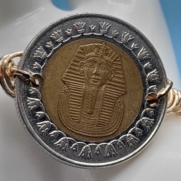 Egyptian One Pound Coin Bangle Bracelet, Three Coins, Wire Wrapped, 7.5 Inches - Picture 2 of 10